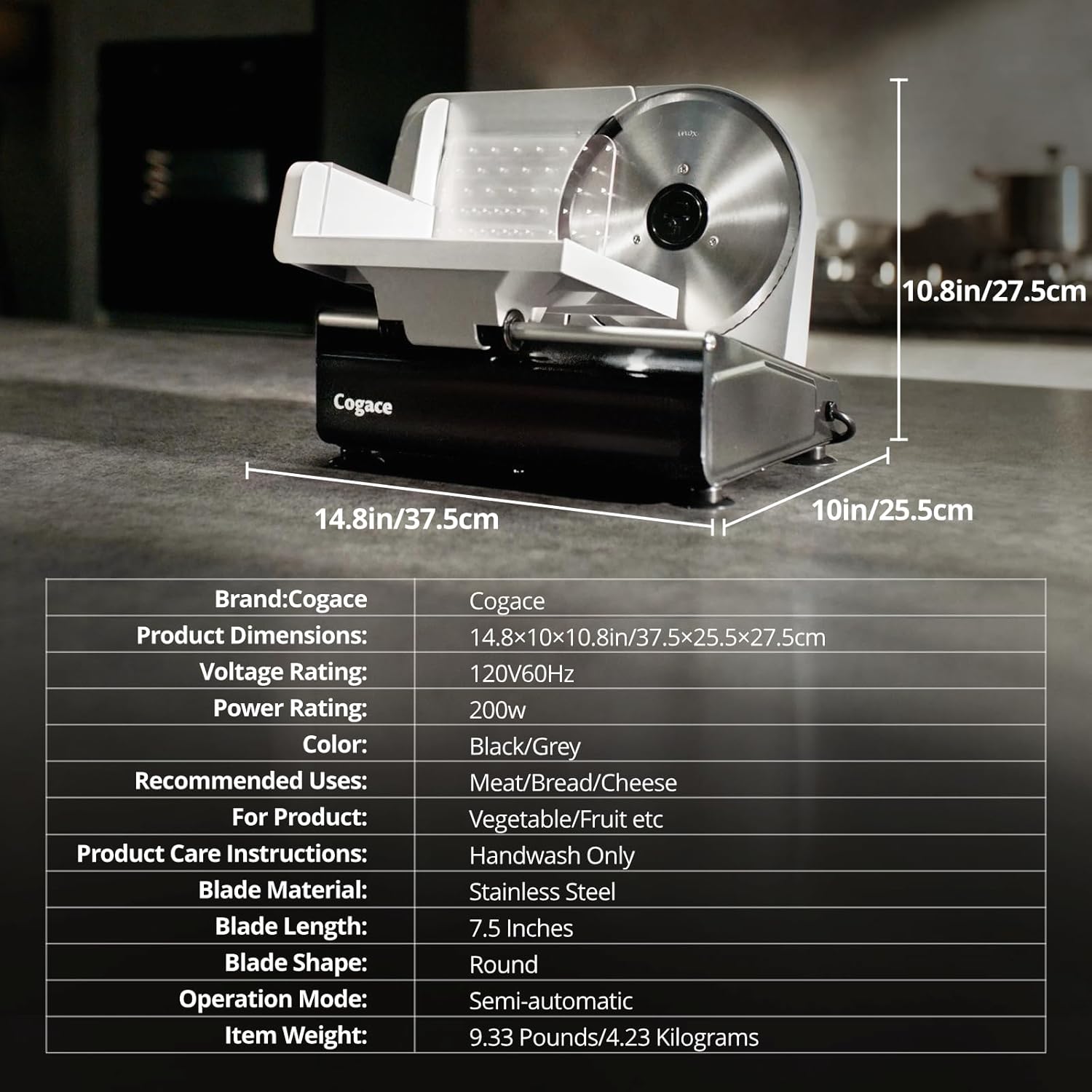 Powerful Deli Meat Slicer Machine, 200W Electric Food Slicer with 3 Types of 7.5" Stainless Steel Blades, Adjustable Thickness 0–15mm, for Meat, Cheese, Bread, Vegetables, Home Use