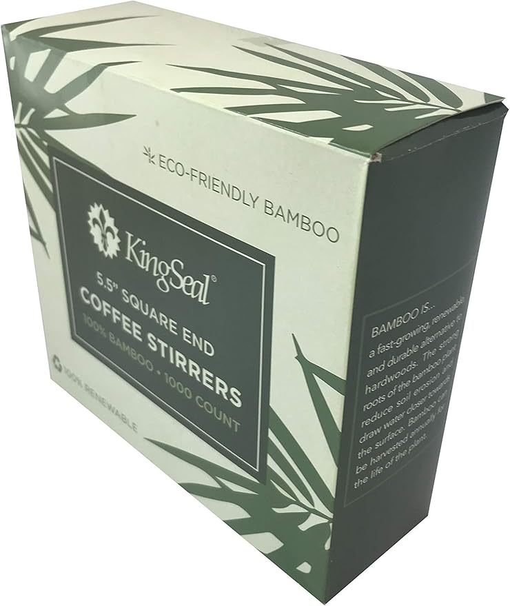 1000 Count | KingSeal Bamboo Coffee Stir Sticks, 5.5 inches, Square End, Stronger and Thicker Than Standard Wood, 100% Renewable and Biodegradable - 1 Box of 1000 Stirrers
