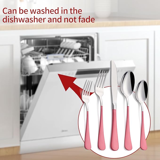 20-Piece Pink Silverware Set 18/0 Stainless Steel Flatware Pink Handle Cutlery Set Service for 4 Dinner Knives Forks Spoons Set Mirror Finish Dishwasher Saf