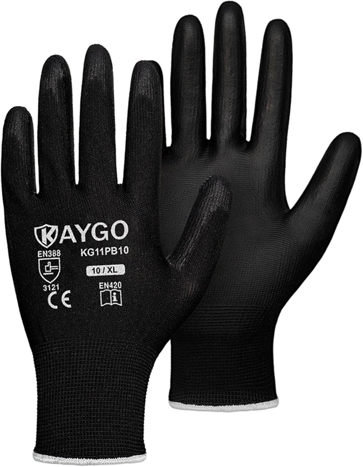 KAYGO Safety Work Gloves PU Coated, 60 Pairs KG11PB Seamless Knit Glove for Men and Women, with Smooth Grip on Palm and Fingers, Ideal for General Duty Work (X-Large, Black)