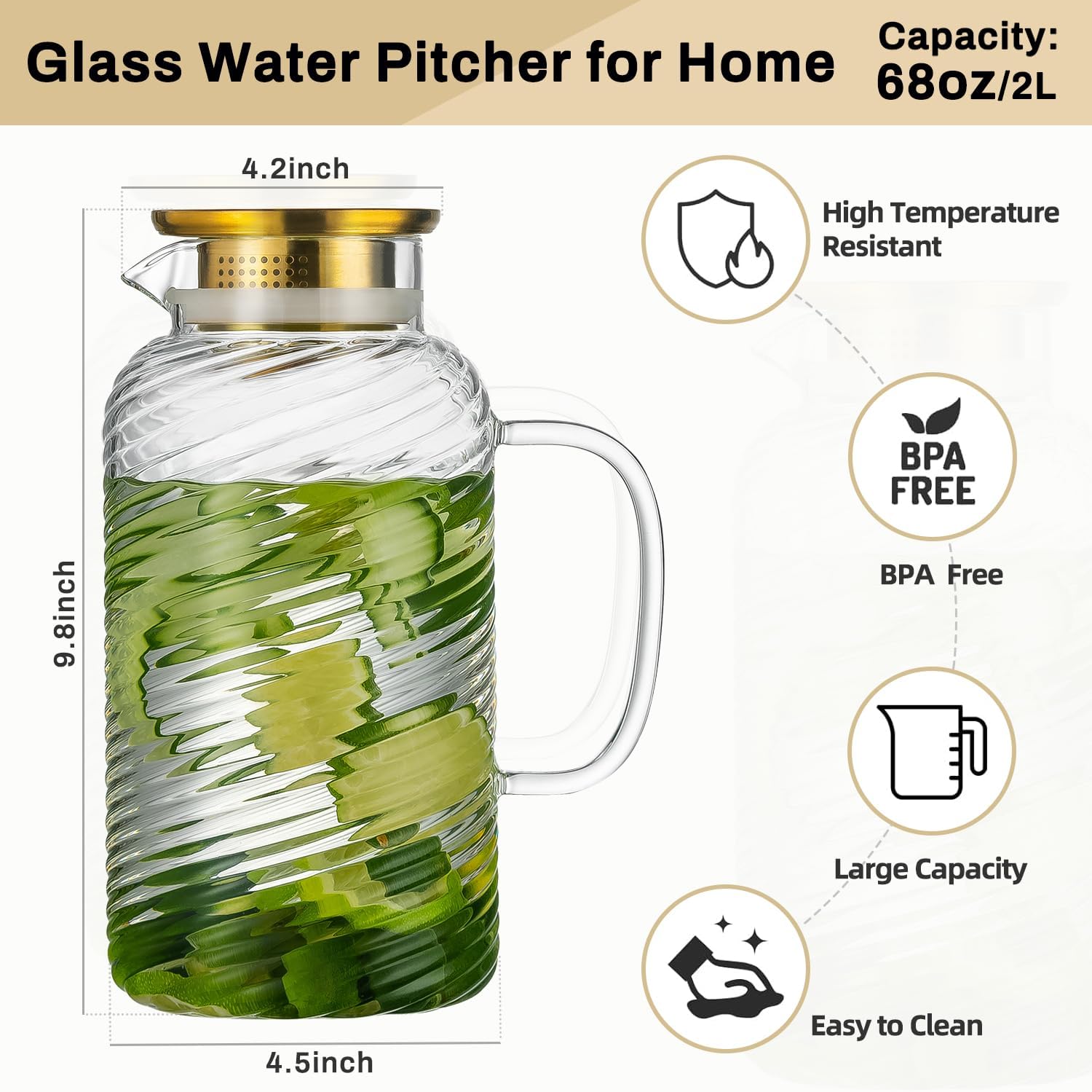 2 PACK Glass Pitcher with Lid, 68 oz/ 2 Liter Spiral Pattern Water Pitcher,Glass Water Carafe for Cold Brew, Coffee, Lemonade, Iced Sun Tea,Beverage, Milk, Heat Resistant