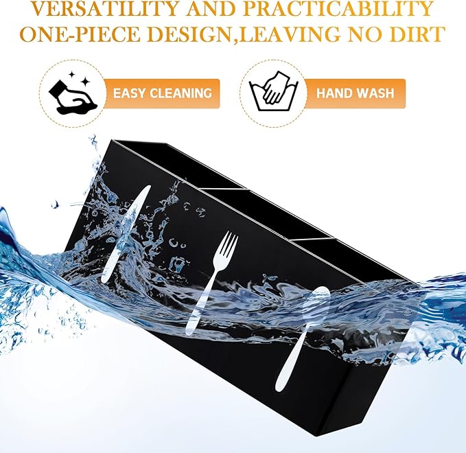 Suzile Acrylic Cutlery Storage Organizer Bin Silverware Caddy Countertop Knife Spoon and Fork Holder Kitchen 3 Section Tableware Storage Box for Cabinet Indoor Home Flatware Dining Room (Black,M)