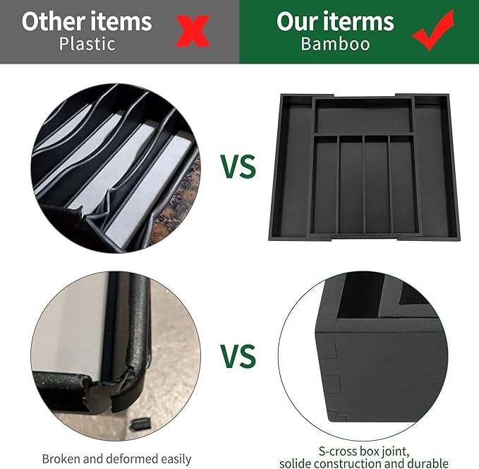 Utoplike Bamboo Silverware Drawer Organizer, Expandable Kitchen Utensils Drawer Organiser, Cutlery Tray Dividers, Flatware Caddy Drawer Insert, Office Supplies, Black 5-7 Slot