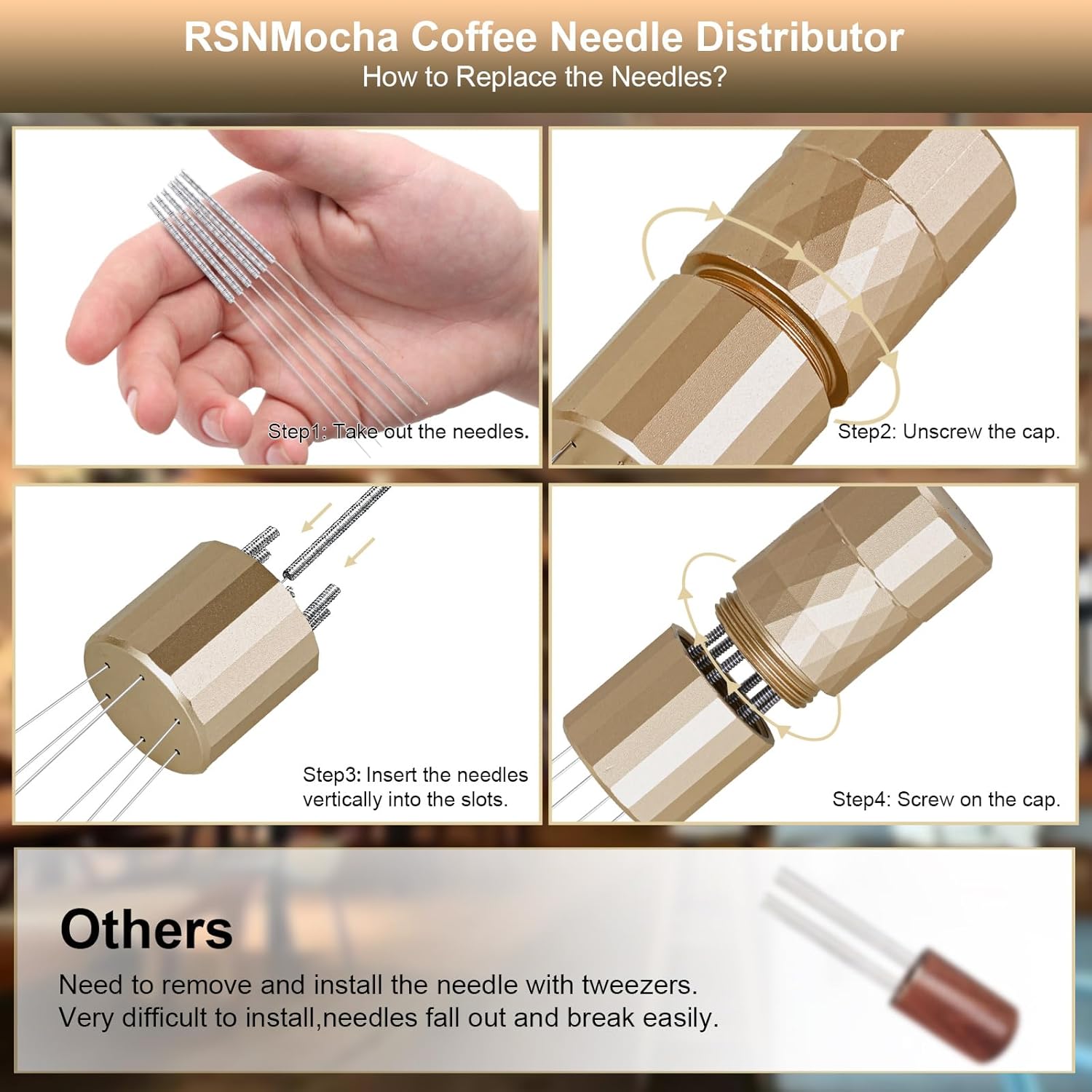 WDT Tool Espresso Distribution Tool, Coffee Distribution Tool with Magnetic Stand, Espresso Accessories with 6 Extra Φ0.25mm Stainless Steel Needles for Barista (Rich Gold, Φ0.25mm)