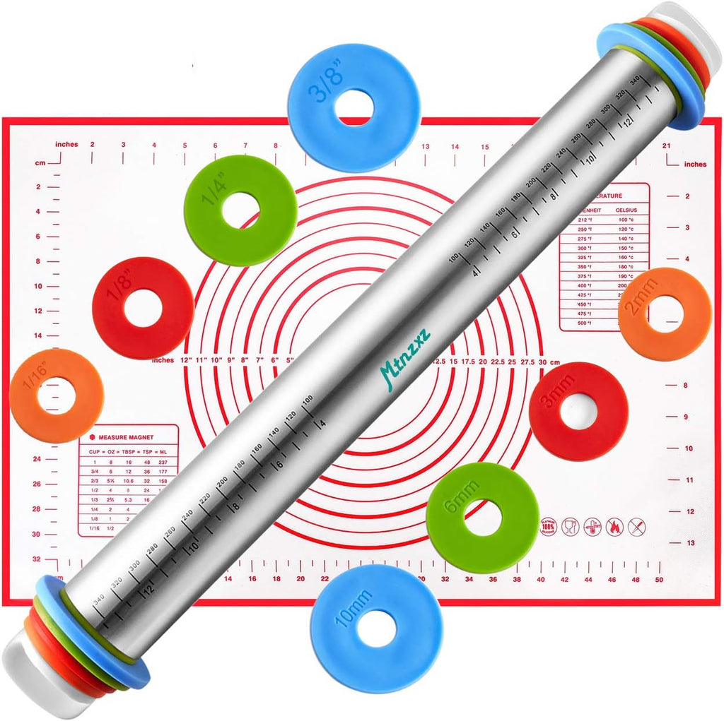 Rolling Pin and Silicone Baking Pastry Mat Set, Stainless Steel Dough Roller, Rolling Pins with Adjustable Thickness Rings, for Baking Fondant, Pizza, Pie, Pastries, Pasta, Cookies