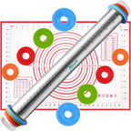 Rolling Pin and Silicone Baking Pastry Mat Set, Stainless Steel Dough Roller, Rolling Pins with Adjustable Thickness Rings, for Baking Fondant, Pizza, Pie, Pastries, Pasta, Cookies