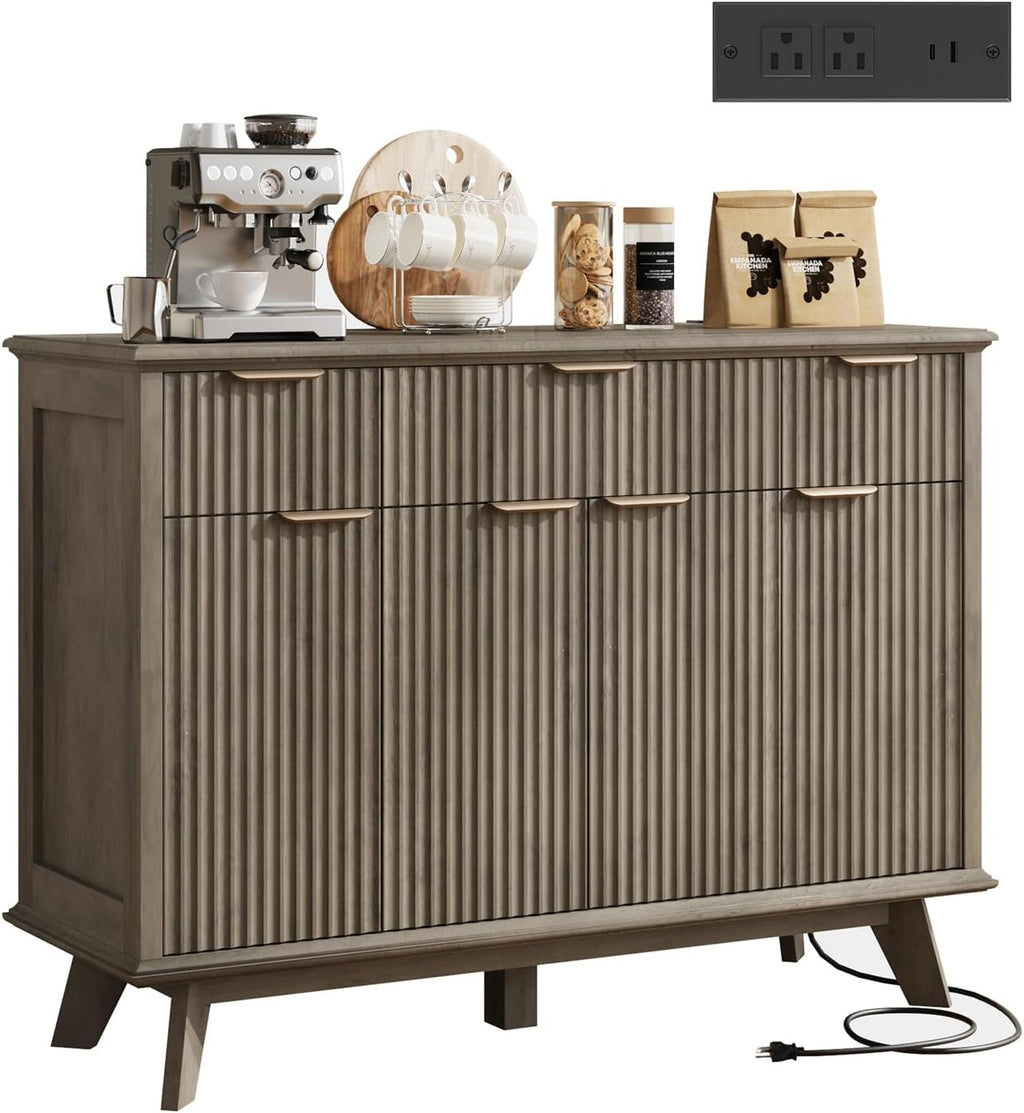 QUW Fluted Sideboard Buffet Cabinet with Charging Station, 47.2" Kitchen Storage Cabinet with Drawers and Adjustable Shelves, Modern Coffee Bar Kitchen Table for Dining Room, Living Room, Grey