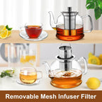 Glass Teapot 1600ml (54oz) - Borosilicate Glass Tea Kettle with Removable Stainless Steel Infuser, Stovetop Safe Heat-Resistant Tea Maker for Blooming and Loose Leaf Tea (1600ml)