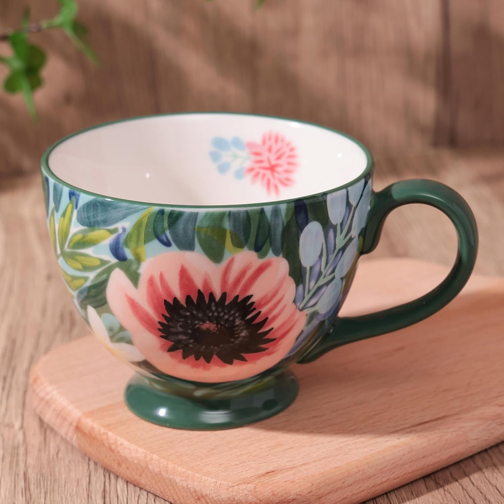 Vintage Flower Mugs – Large Ceramic Coffee Mug (15oz) – Cute Cereal Cup for Breakfast, Oatmeal Tea & Hot Drinks – Handmade Ceramic Cup with Floral Design