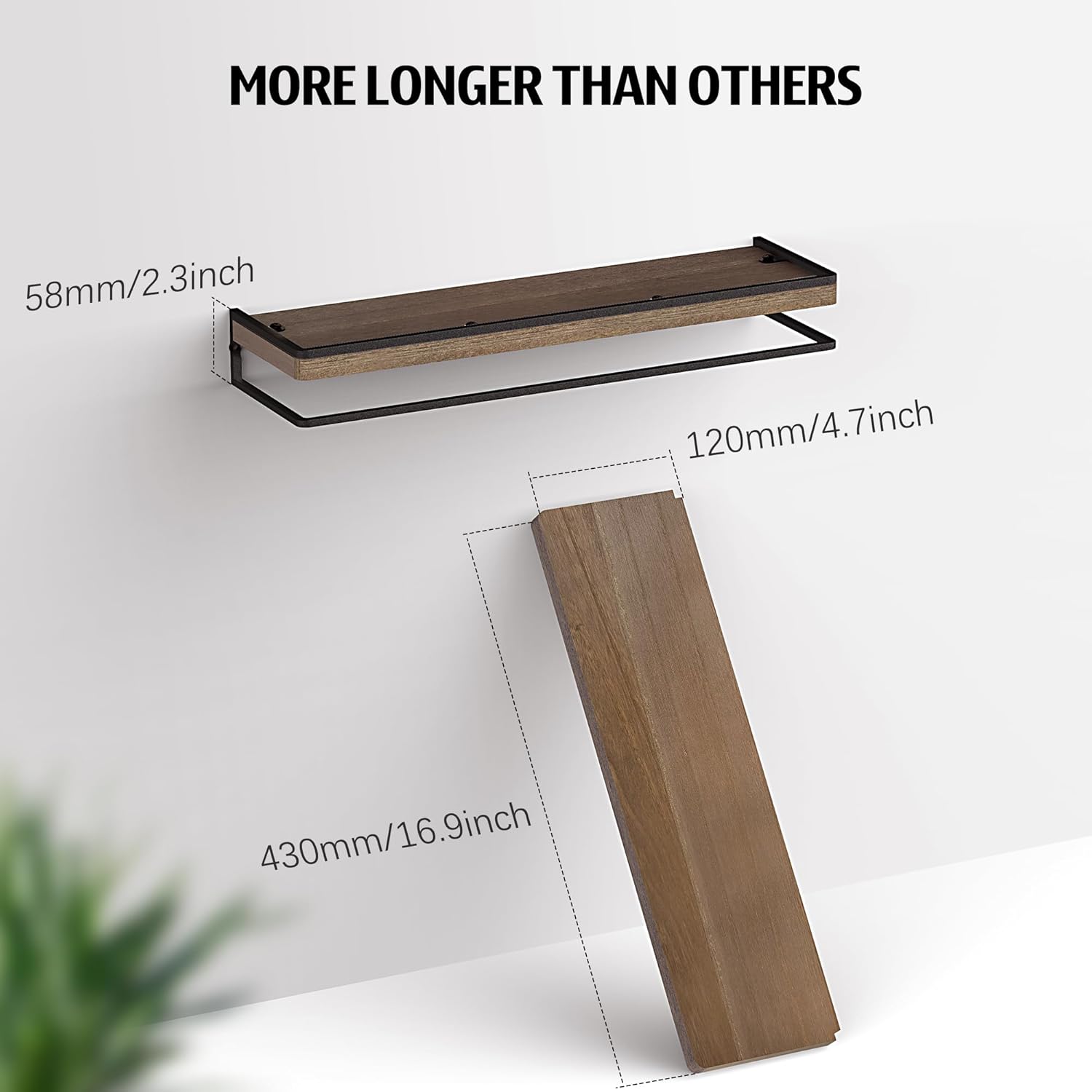 Meangood Floating Shelves Wall Mounted Set of 2, Rustic Wood Wall Storage Shelves for Bedroom,Living Room,Bathroom, Kitchen Brown