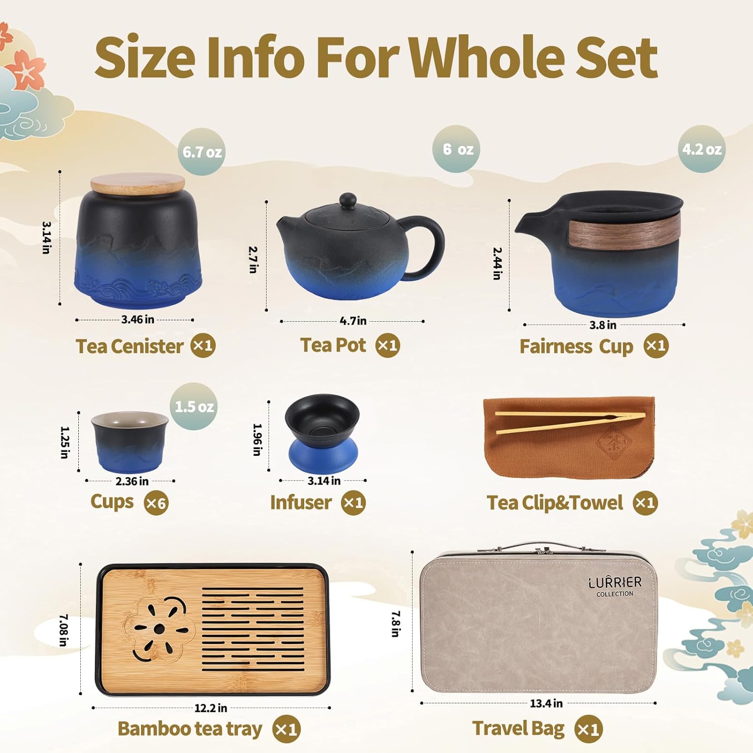 LURRIER Gongfu tea sets, Portable Ceramic TeaSet, Asian Tea sets for adult, Tea Gift sets, Grey leather case, Portable Travel Bag,Home,Gifting,Outdoor and Office(XBlack and Blue)