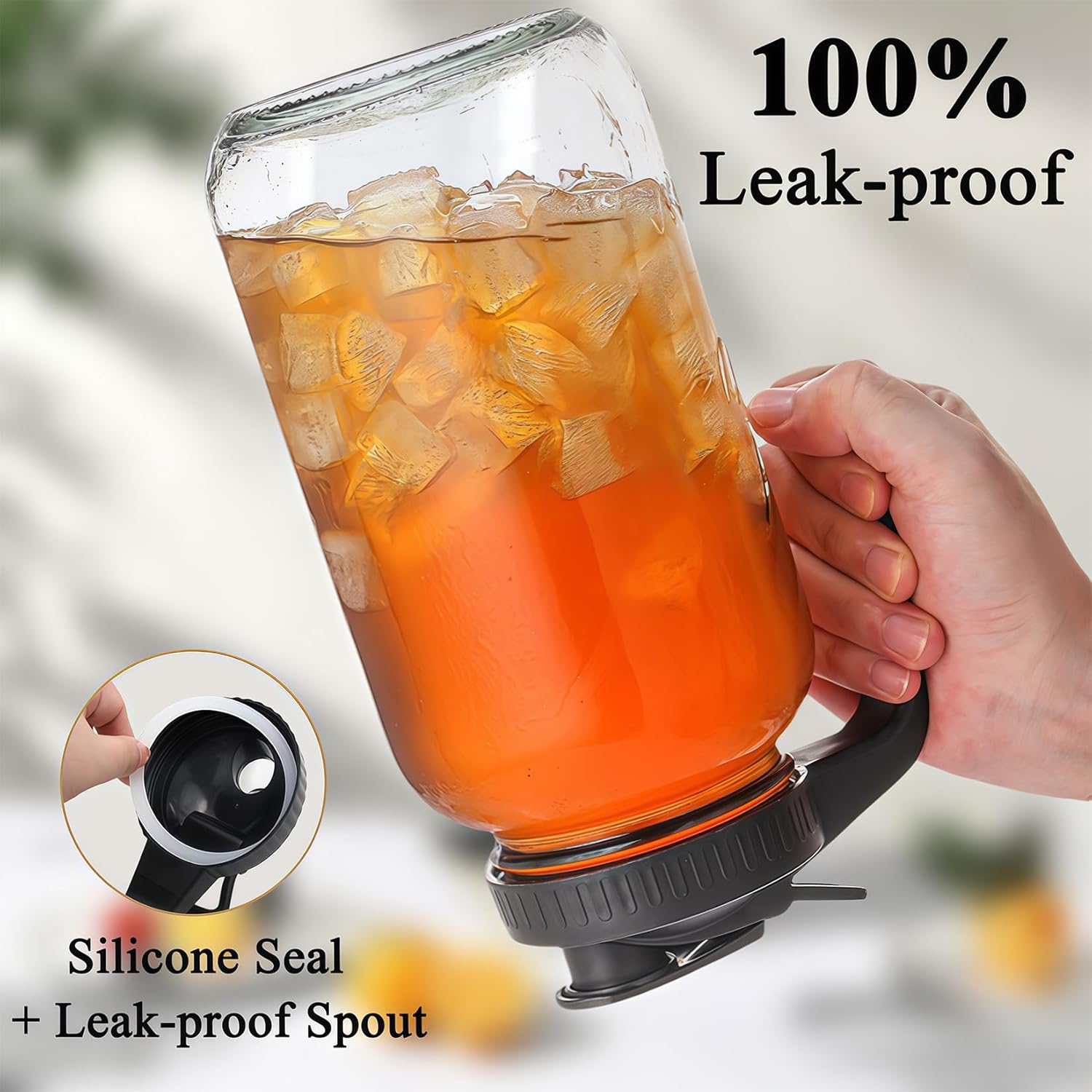 32oz Glass Pitcher with Handle and Lid, 1 Quart Mason Jar Pitcher - Airtight & Leakproof Water Jug with Pour Spout Lid, Glass Containers for Fridge, Perfect for Juice, Cold Brew, Iced & Sun Tea