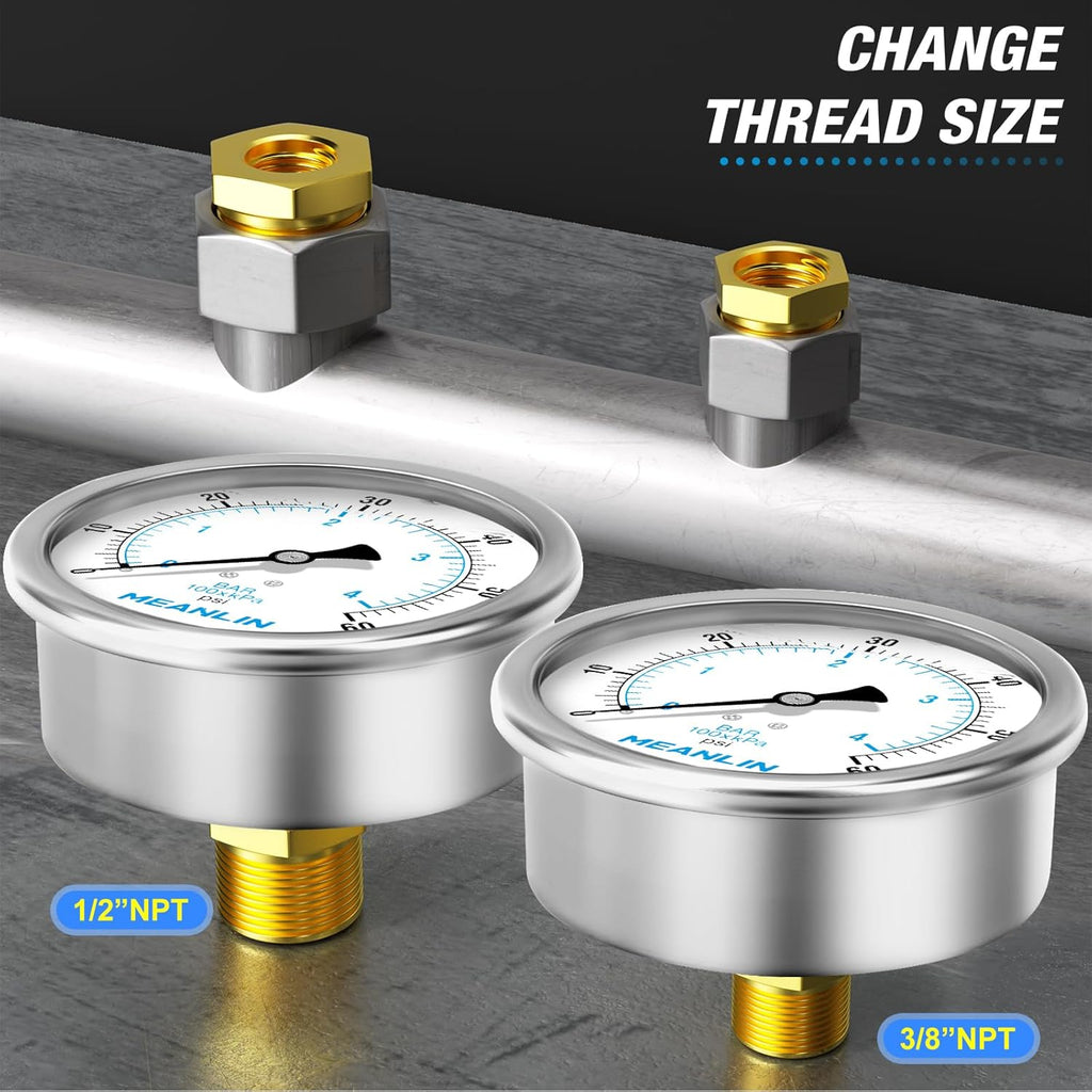 MEANLIN MEASURE 0~60Psi Stainless Steel 1/4" NPT 4" FACE DIAL Liquid Filled Pressure Gauge, Pool Sand Filter Water Pump Pressure Test Back Mount, with 1/4" x 1/2" NPT and 1/4" x 3/8" NPT Hex Bushing