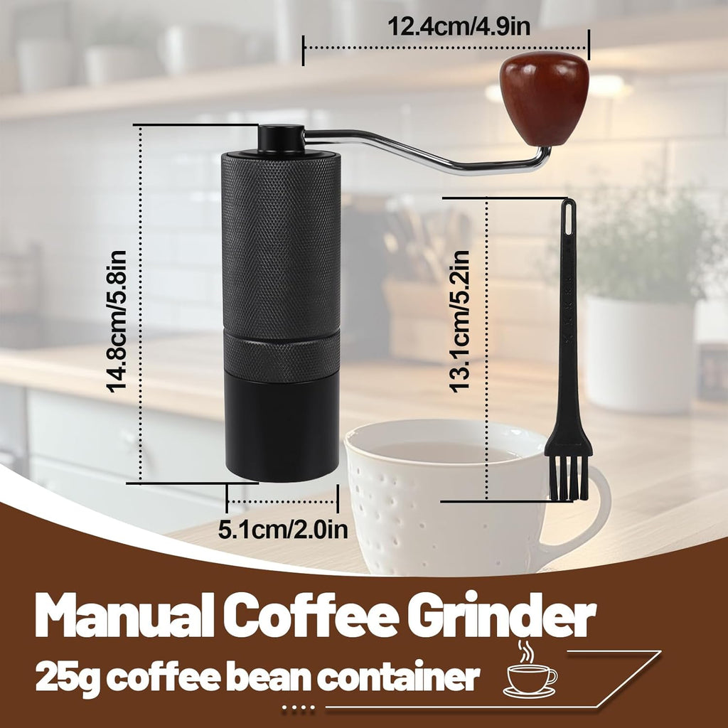 Manual Coffee Grinder Detachable Stainless Steel Conical Burr Aluminum Coffee Bean Grinder with 25 Grinding Settings Cleaning Brush Grindable Espresso Moka Pot French Press for Camping Black