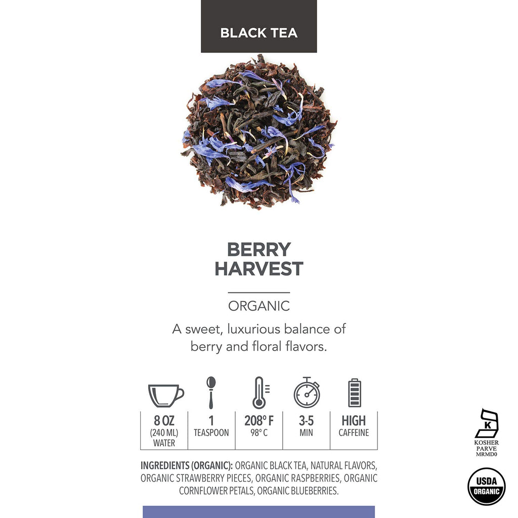 Teabloom Organic Fruity Black Tea, Berry Harvest Loose Leaf Tea, USDA Certified Organic & Kosher, Fresh Whole Leaf Blend in Reusable Gift Canister, 2.82 Ounce Loose Leaf Tea Canister Makes 35-50 Cups