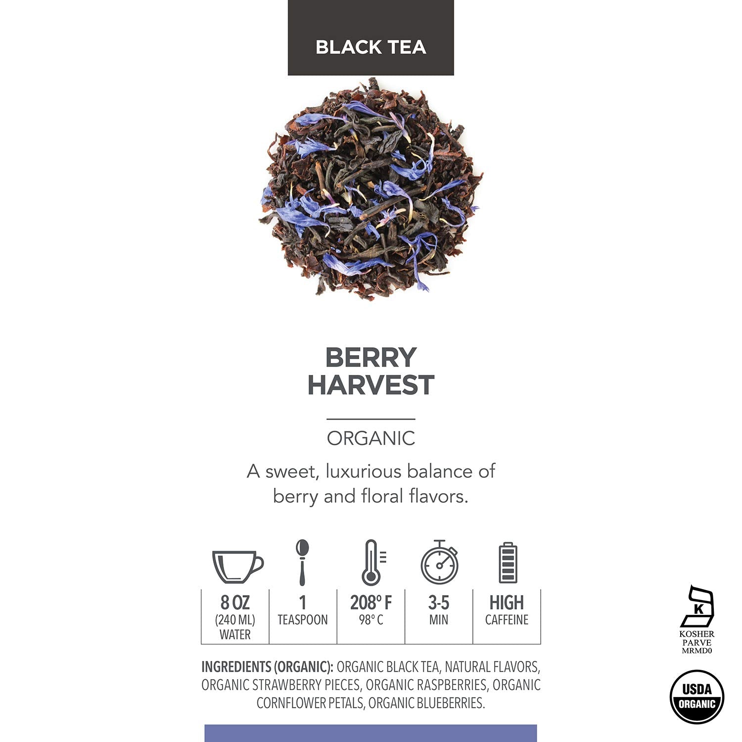 Teabloom Organic Fruity Black Tea, Berry Harvest Loose Leaf Tea, USDA Certified Organic & Kosher, Fresh Whole Leaf Blend in Reusable Gift Canister, 2.82 Ounce Loose Leaf Tea Canister Makes 35-50 Cups