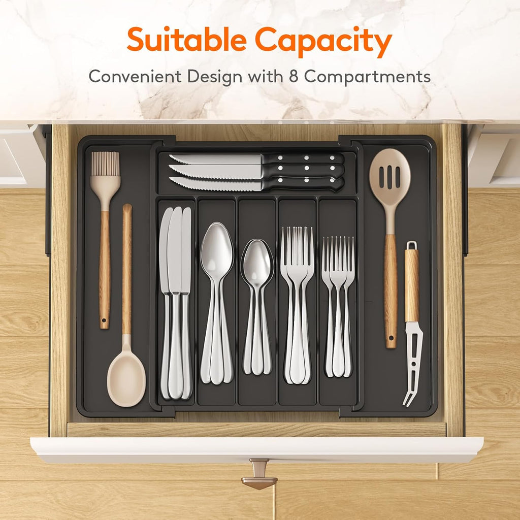 Lifewit Silverware Drawer Organizer, Expandable from 11 to 18 inches, Utensil Tray for Kitchen, BPA Free Flatware Cutlery Holder, Adjustable Plastic Storage for Spoons Forks Knives, Large, Black