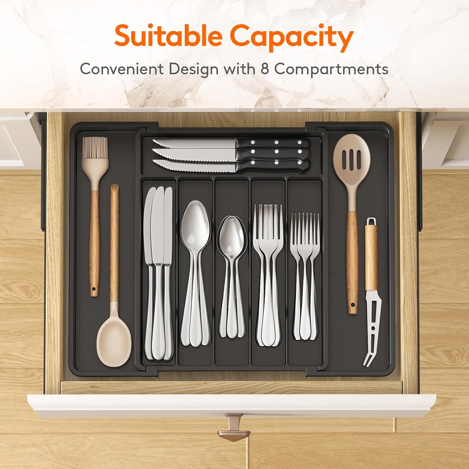 Lifewit Silverware Drawer Organizer, Expandable from 11 to 18 inches, Utensil Tray for Kitchen, BPA Free Flatware Cutlery Holder, Adjustable Plastic Storage for Spoons Forks Knives, Large, Black