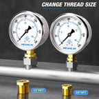 MEANLIN MEASURE 0~300Psi Stainless Steel 1/4" NPT 2.5" FACE DIAL Liquid Filled Pressure Gauge WOG Water Oil Air Lower Mount (Pack of 2), with 1/2" NPT and 3/8" NPT Hex Bushing