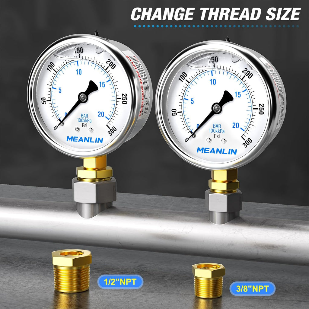 MEANLIN MEASURE 0~300Psi Stainless Steel 1/4" NPT 2.5" FACE DIAL Liquid Filled Pressure Gauge WOG Water Oil Air Lower Mount, with 1/2" NPT and 3/8" NPT Hex Bushing