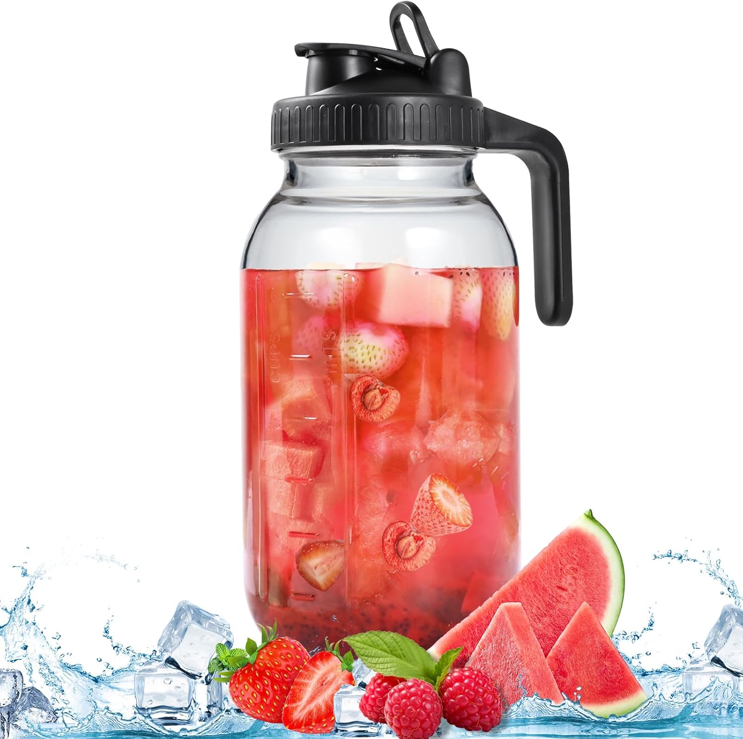 64oz Glass Pitcher with Lid, Wide Mouth Mason Jar Water Jug, Leak-Proof Airtight Mason Jar for Cold Brew Coffee, Iced Tea, Milk, Food Storage, Sun Tea Jug (Black)