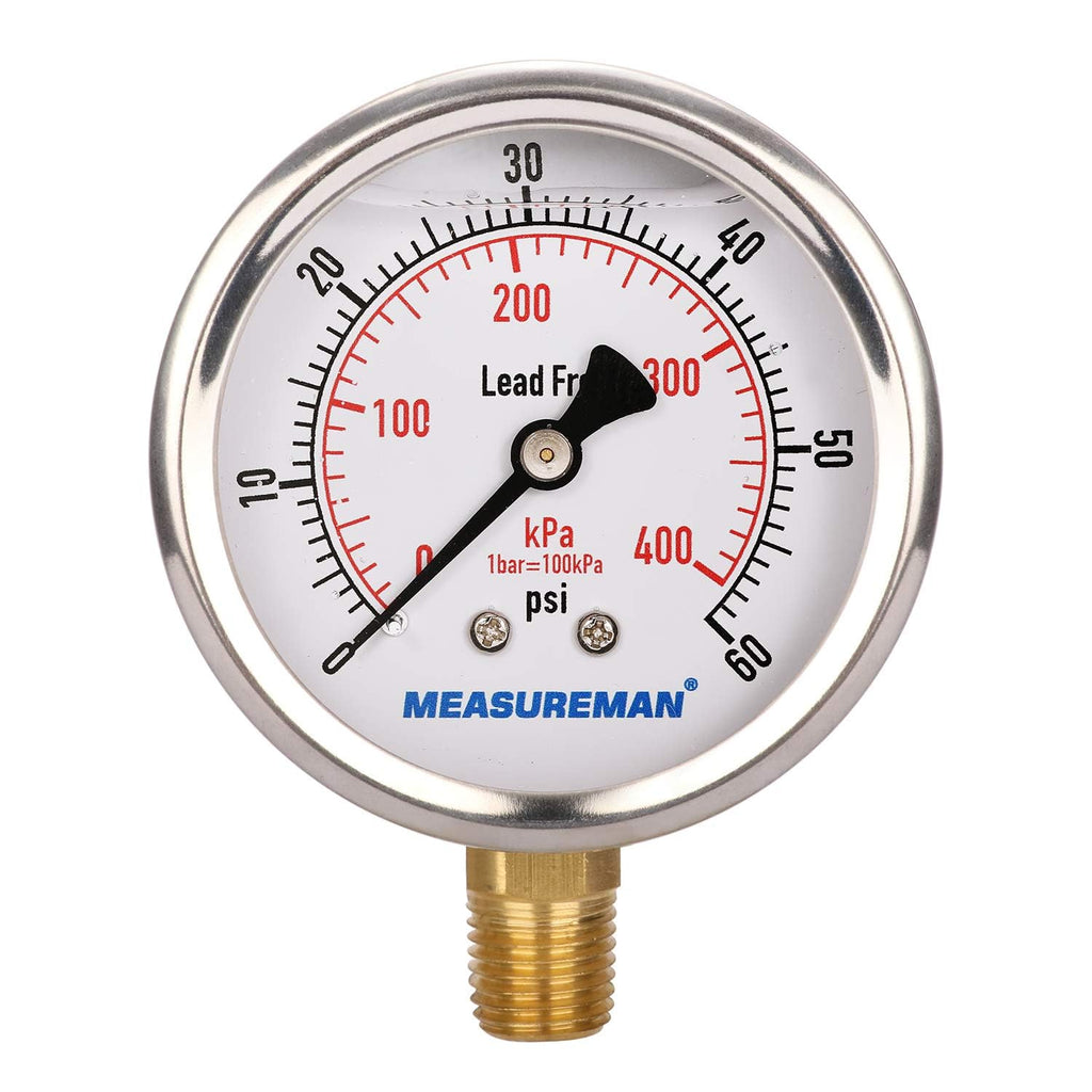 MEASUREMAN Lead-Free Pressure Gauge, 2-1/2inch Dial, Glycerin Filled, 0-60psi/kpa, Stainless Steel Case, 1/4inchNPT Lower Mount