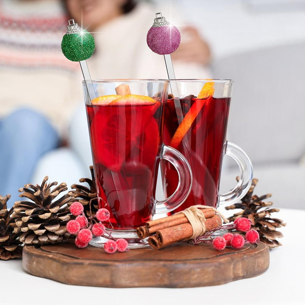 Iceyyyy 36 Pcs Christmas Glitter Ball Drink Stirrers-Reusable Round Top Christmas Stir Sticks-Colorful Swizzle Sticks for Home Holiday Cocktails Party Coffee Bar Juices Shop