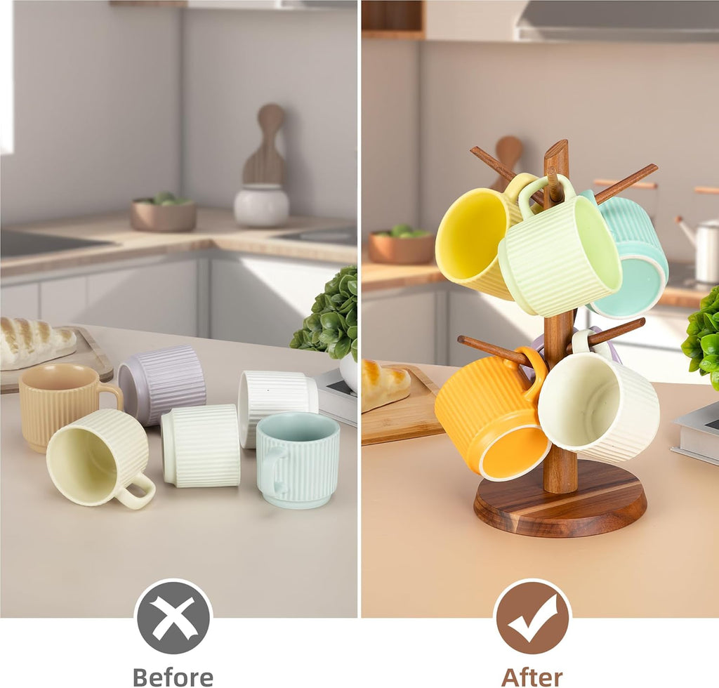 Acacia Wood Mug Holder Tree, 6 Hooks Wooden Mug Organizer for Kitchen Counter & Coffee Bar, Easy to Assemble, Natural Wood Color, Ideal for Small to Medium Mugs