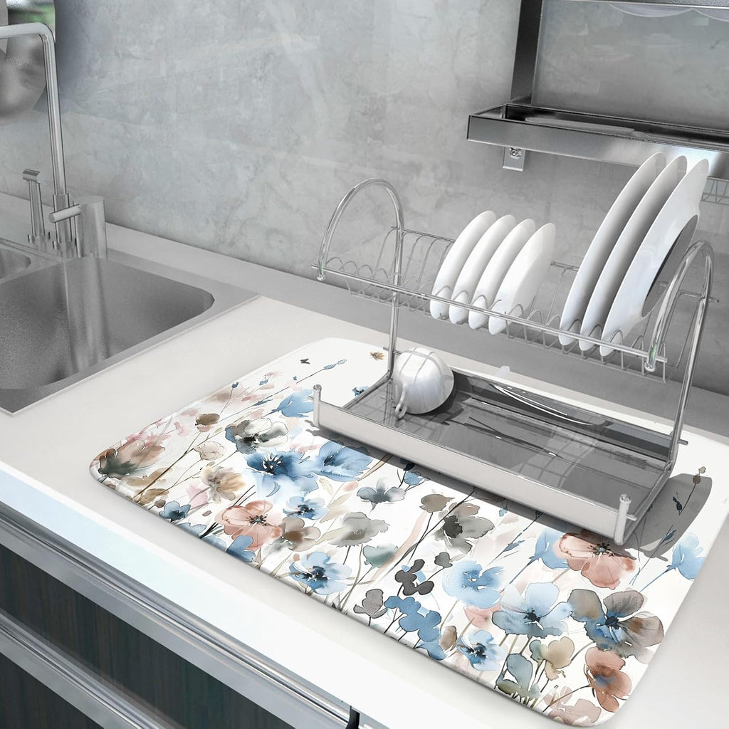 Giwawa Watercolor Floral Dish Drying Mat, 18"x24" Blue Grey Brown Flowers Kitchen Drainer Mats, Spring Summer Wildflower Microfiber Large Dish Drying Pad for Countertop Tabletop Decoration
