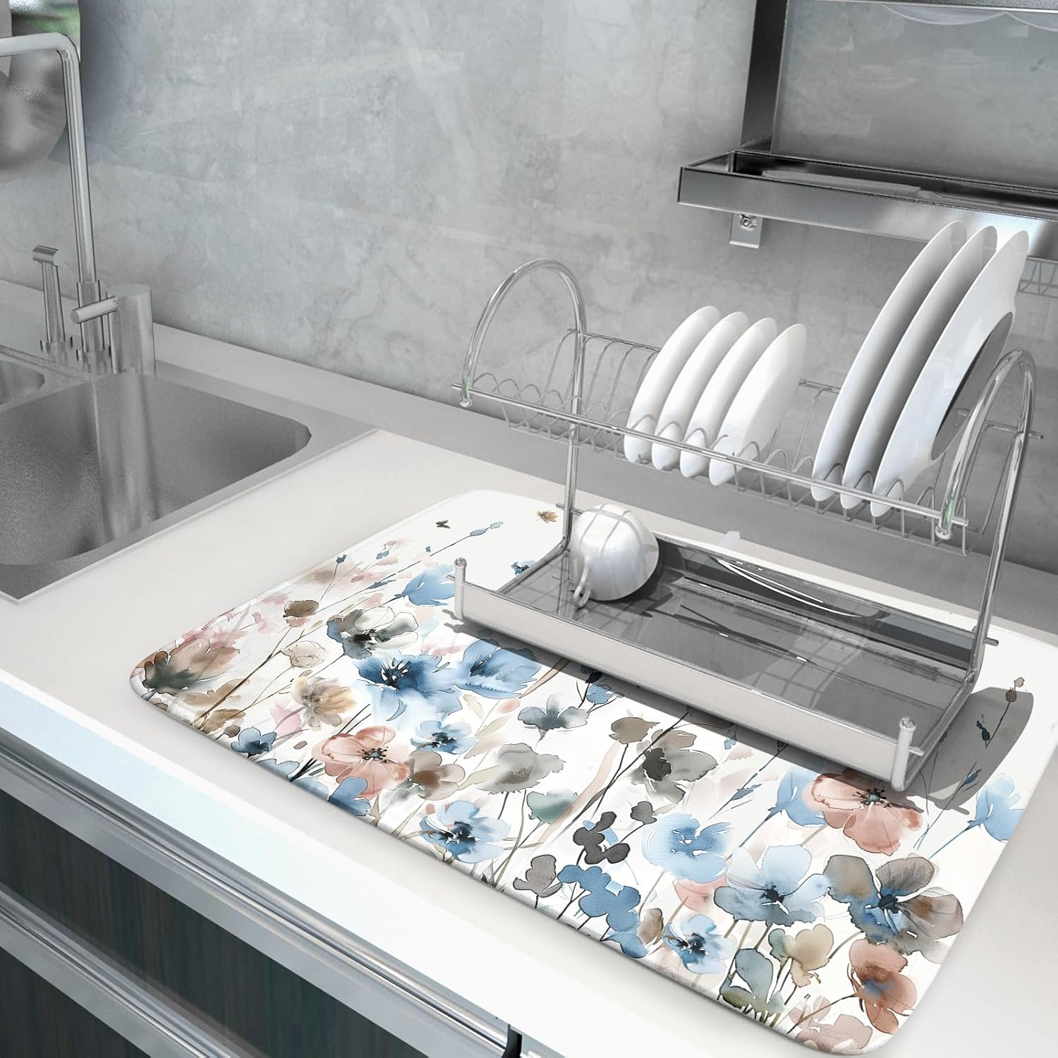 Giwawa Watercolor Floral Dish Drying Mat, 18"x24" Blue Grey Brown Flowers Kitchen Drainer Mats, Spring Summer Wildflower Microfiber Large Dish Drying Pad for Countertop Tabletop Decoration