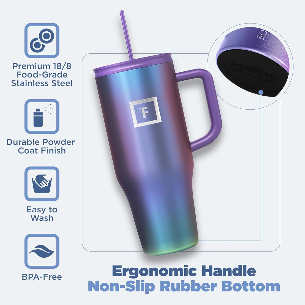 IRON °FLASK Co-Pilot Insulated Mug w/Straw & Flip Cap Lids - Cup Holder Bottle for Hot, Cold Drink - Leak-Proof - Water, Coffee Portable Travel Mug - Lavender, 32 Oz