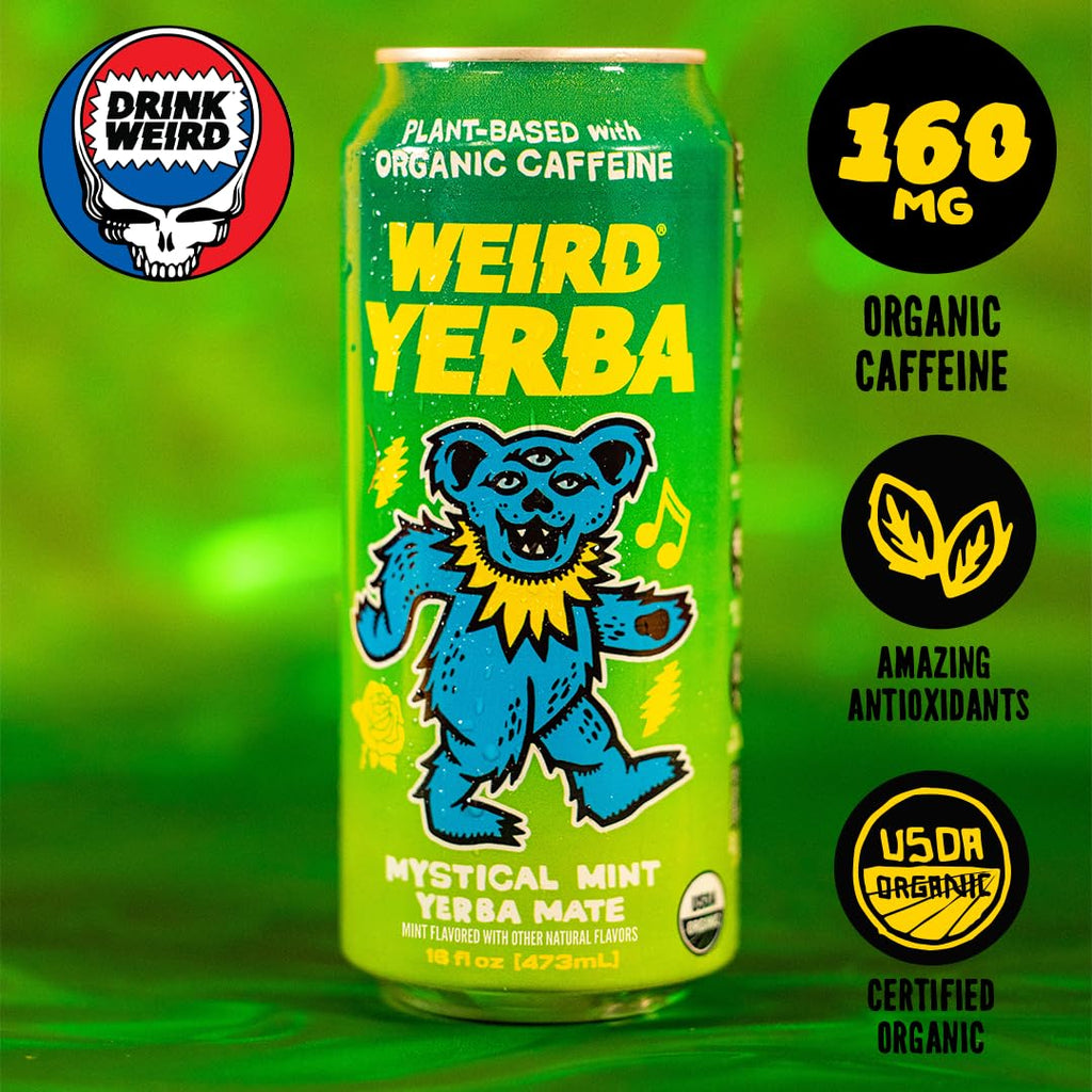 Drink Weird Organic Mystical Mint Yerba Mate – 16oz Cans, 160mg Organic Caffeine, Pack of 12 – Grateful Dead Collab, Clean Energy Drink Alternative