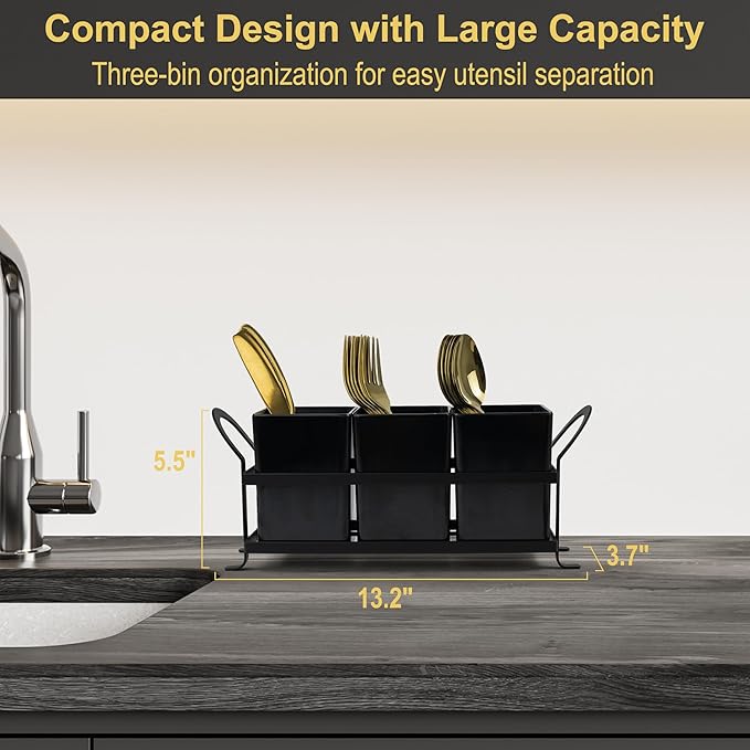 Cutlery Holder with Drain Holes, Dishwasher Safe Silverware Caddy for Party, Kitchen Counter, 3pcs Bins Set Countertop Utensil Holder for Spoons, Forks and Knives, Black