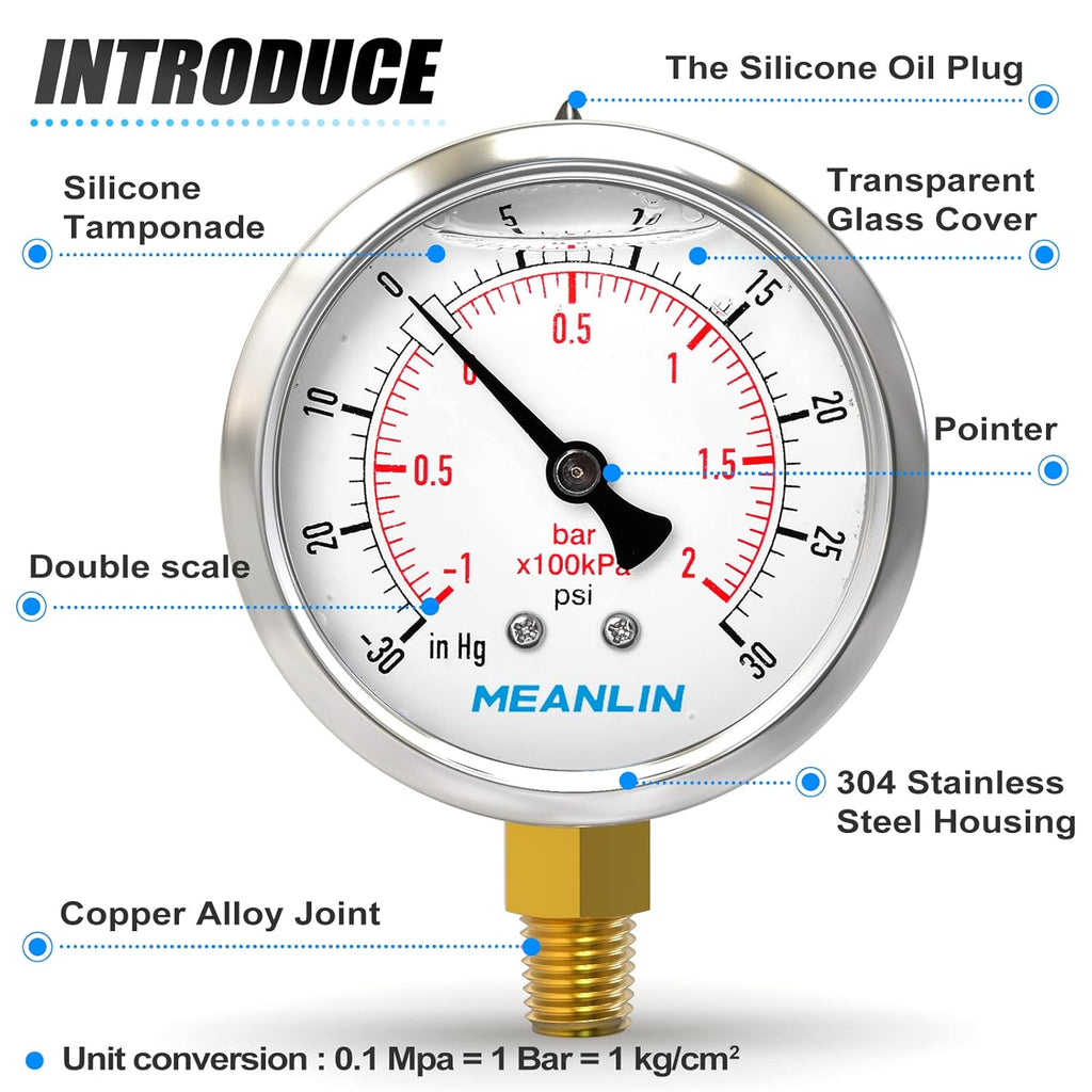 MEANLIN MEASURE -30inHG~30Psi Stainless Steel 1/8" NPT 2.5" FACE DIAL Vacuum Pressure Gauge, Lower Mount, with 1/4" NPT and 3/8" NPT Hex Bushing