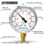 MEANLIN MEASURE -30inHG~30Psi Stainless Steel 1/8" NPT 2.5" FACE DIAL Vacuum Pressure Gauge, Lower Mount, with 1/4" NPT and 3/8" NPT Hex Bushing