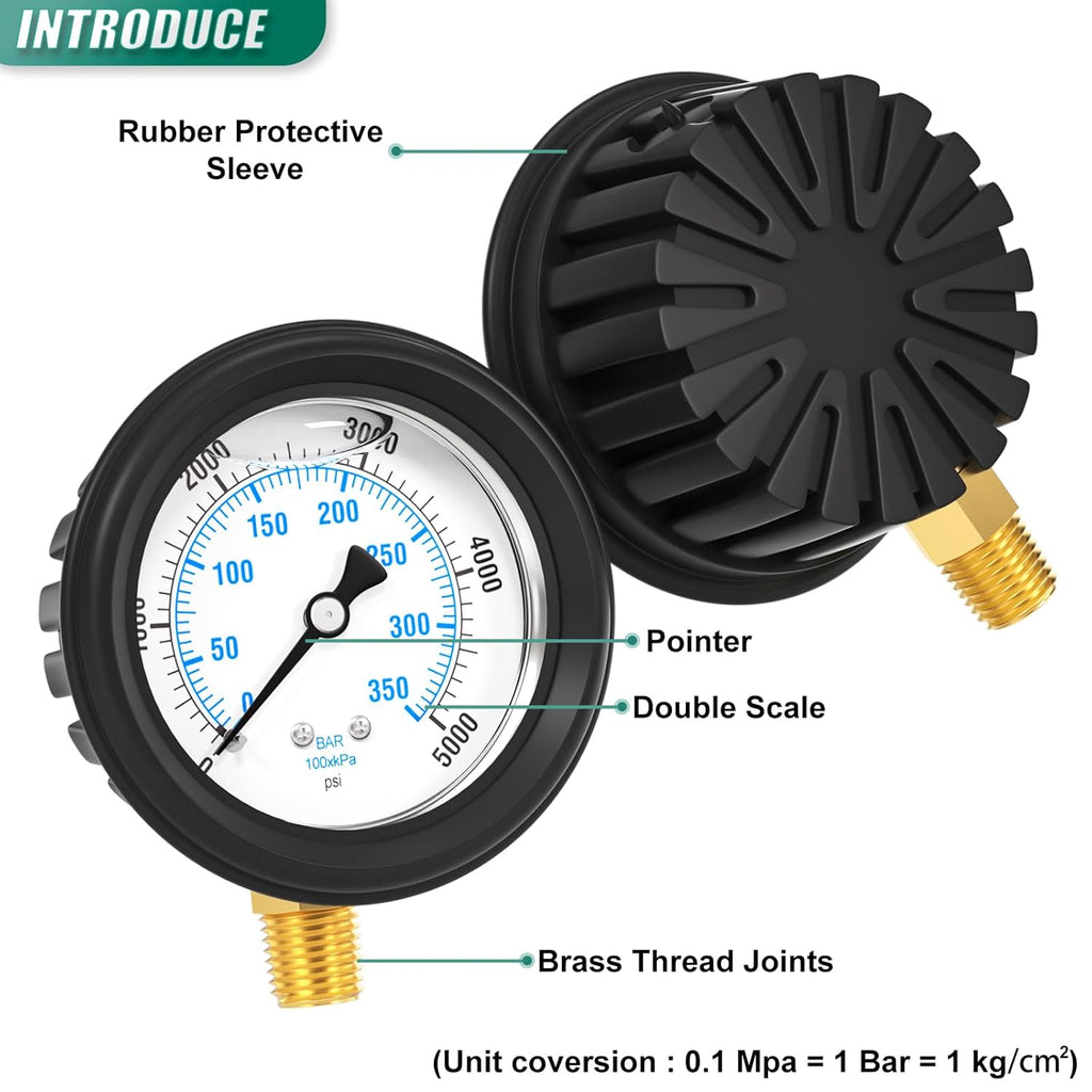 0-5000PSI Stainless Steel Liquid Filled Pressure Gauge, 2.5" Dial Size, 1/4" NPT Lower Mount, with Rubber Protective Sleeve, for Tube, Water Pump, Gas, Liquid, Pressure Test