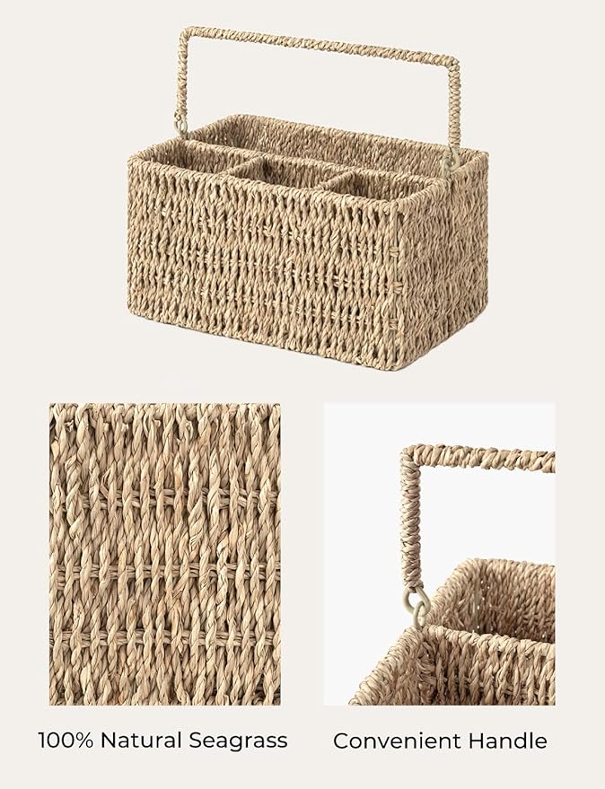 StorageWorks Wicker Flatware Organizer, Hand Woven Seagrass Cutlery Holder for Countertop with Handle, 1 Pack