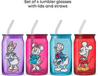 JoyJolt Disney Mickey Mouse and Friends Color Sketch Glass Tumblers with Lids and Straws, 16oz Glass Cups with Lids and Straws, Can Shaped Drinking Glasses Set of 4, Disney Gifts for Adults