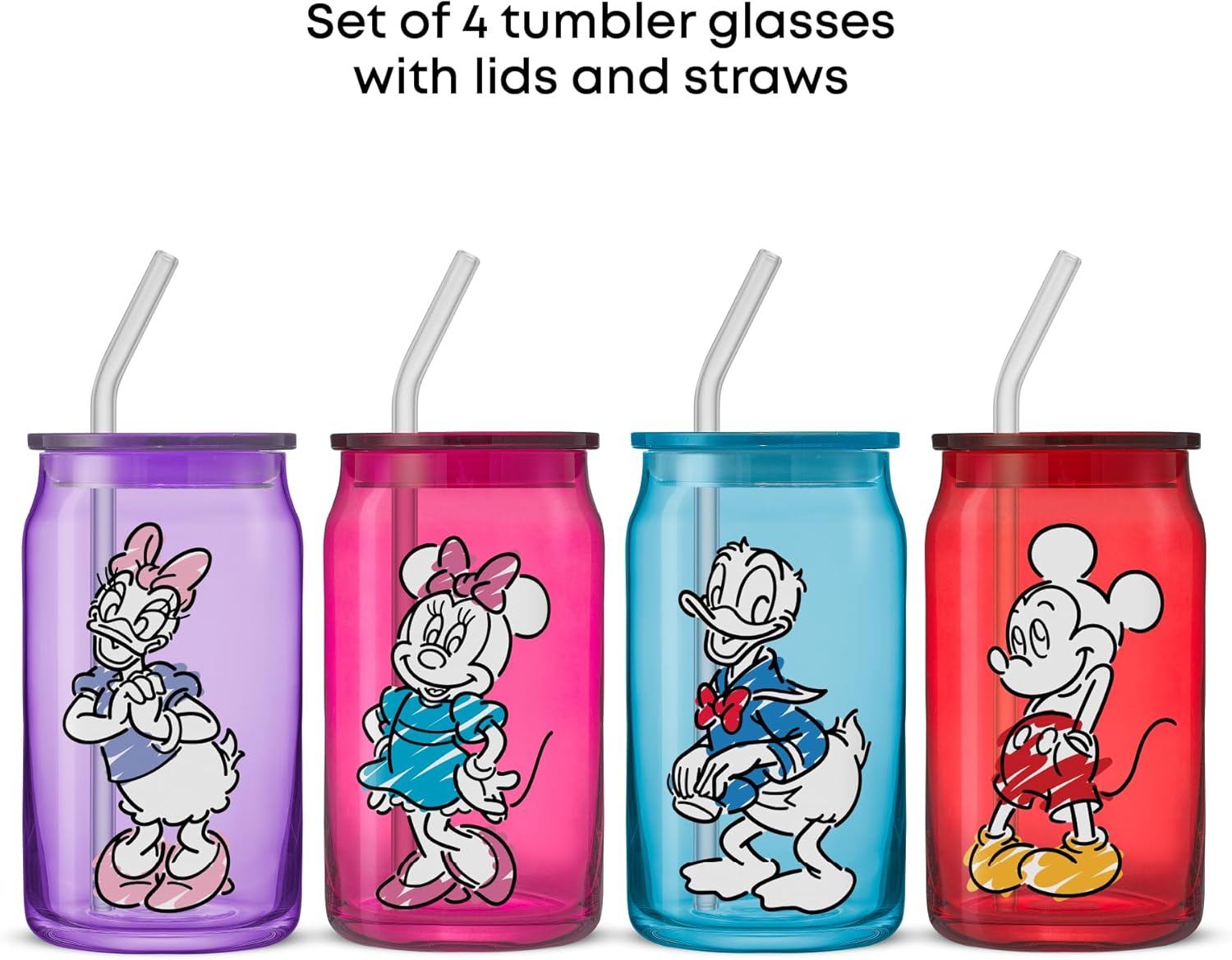 JoyJolt Disney Mickey Mouse and Friends Color Sketch Glass Tumblers with Lids and Straws, 16oz Glass Cups with Lids and Straws, Can Shaped Drinking Glasses Set of 4, Disney Gifts for Adults