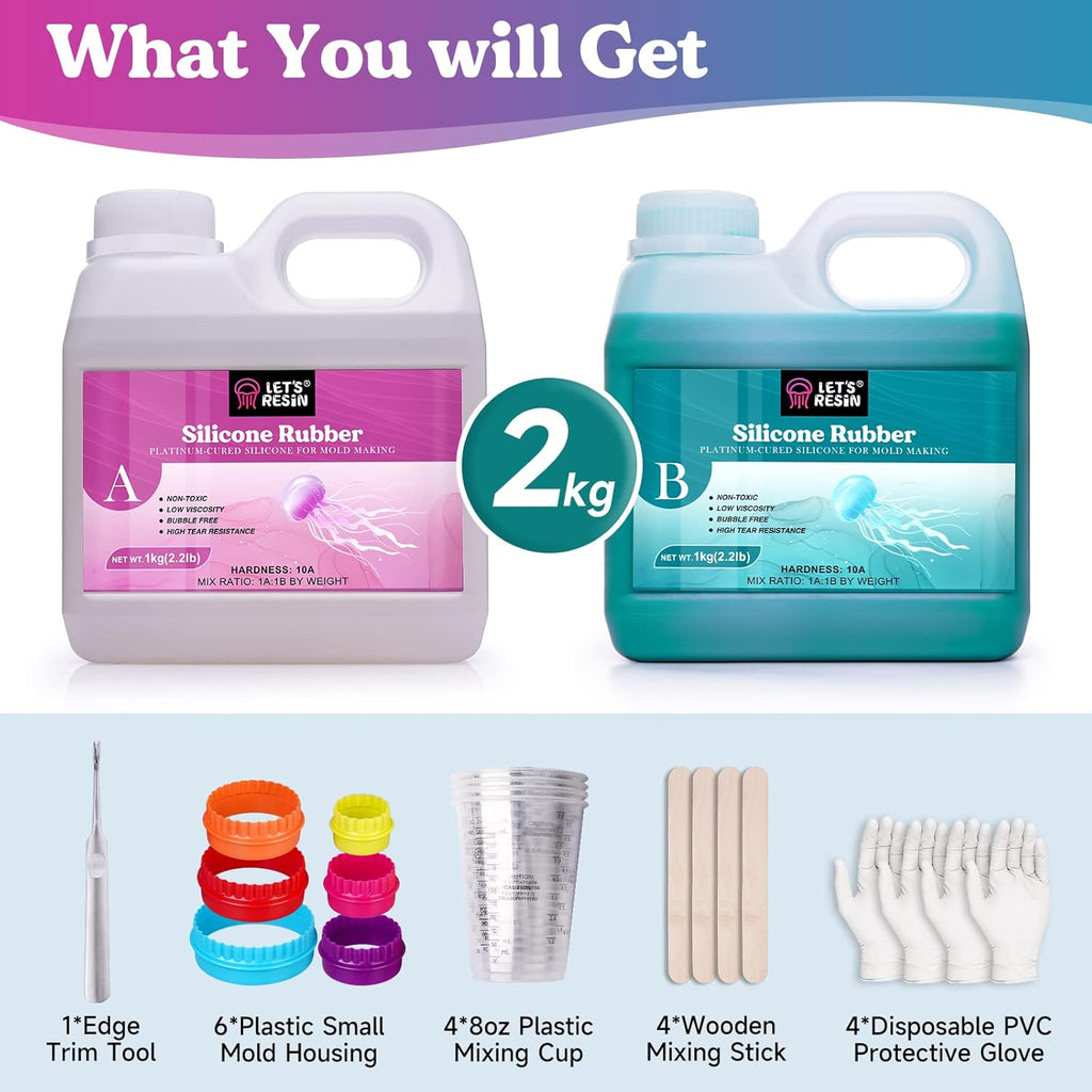 LET'S RESIN Super Elastic Silicone Mold Making Kit 10A,70.5oz Jade Green Mold Making Liquid Silicone Rubber, Ideal for Casting Resin Molds/Silicone Molds/Candle Molds/Silicone Inlay (2KG)