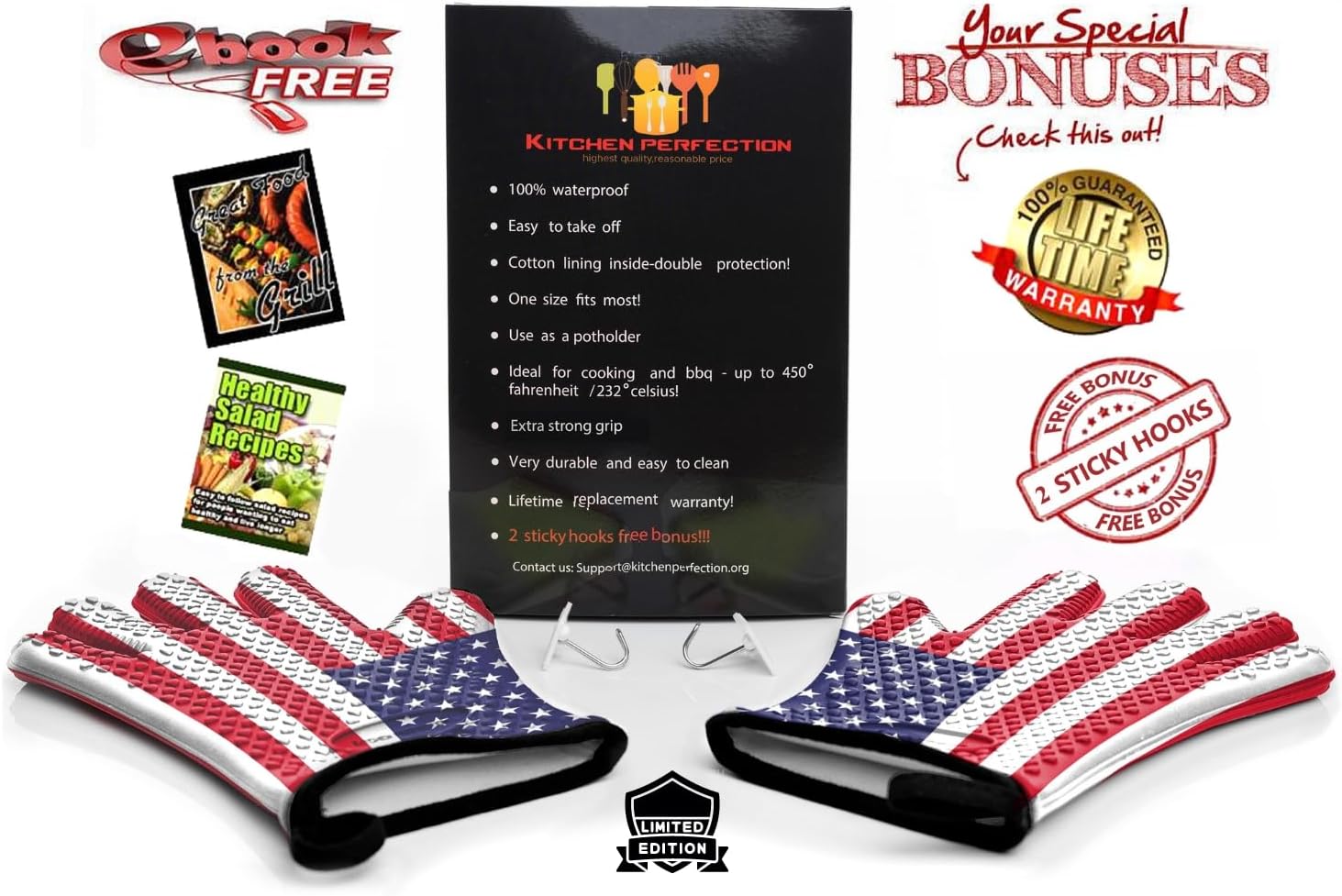 KITCHEN PERFECTION Silicone Smoker Oven Gloves -Extreme Heat Resistant BBQ Gloves -Handle Hot Food Right on Your Smoker Grill Fryer Pit|Waterproof Oven Mitts Grill Gloves |Superior Value Set+3 Bonuses