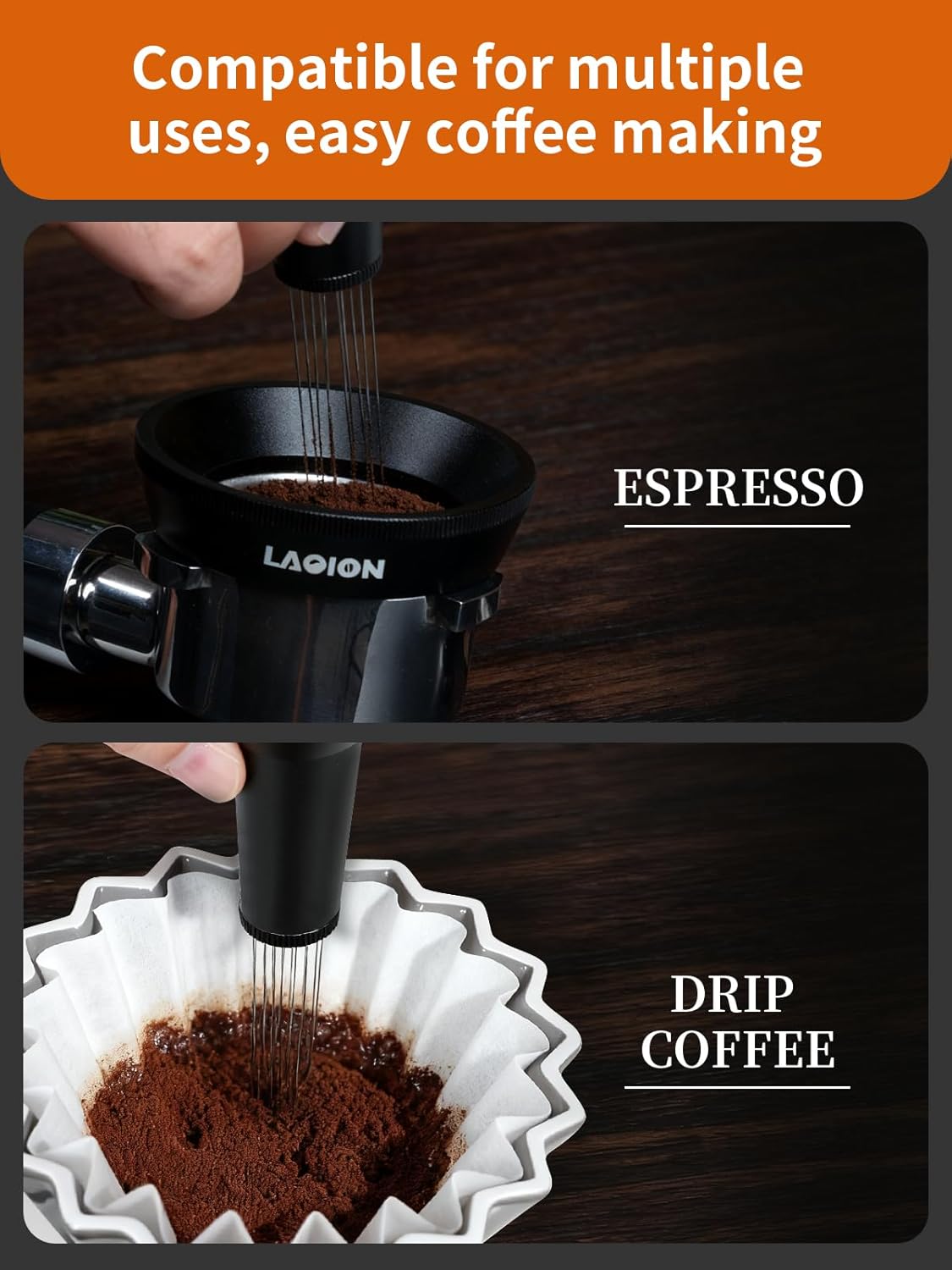 WDT Tool Espresso Distribution Tool with 10 x 0.25mm Stainless Steel Needles, Espresso Machine Accessories with 10 Extra 0.4mm Needles, Aluminum Alloy Handle Stand with Hide Brush for Barista