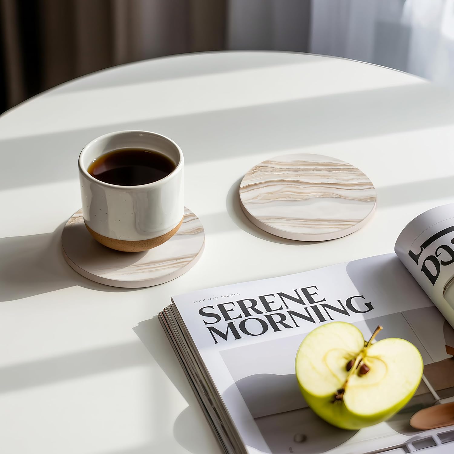 VEYRO Coasters Set of 6 for Drinks – Absorbent Ceramic Stone Drink Coasters with Cork Backing for Coffee Table & Desk, Modern Marble Look Cup Coaster Set, Housewarming Gift for New Home