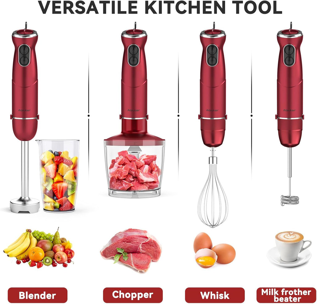 Immersion Blender 5 in 1 Hand Blender, Abuler 1000W Hand Mixer Stick,12 Speed Handheld Blender 304 Stainless Steel with 600ml Mixing Beaker, 500ml Chopper, Whisk and Milk Frother for Soup, Baby Food