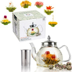 TETWIN Glass Teapot Including 6 Blooming Flower Tea Balls, Stovetop Safe Tea Pot with Removable Infuser for Loose Leaf Tea, 1000ml / 33.8oz
