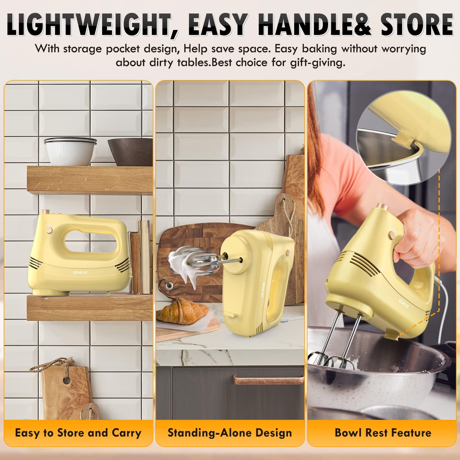 Electric Hand Mixer with Stainless Steel Whisk, Dough Hook Attachment and Storage Bag, Handheld Mixer for Baking Cakes, Eggs, Cream Food Mixers. Turbo Boost /5 Speed Kitchen Blender YELLOW