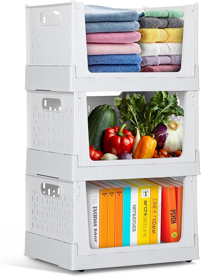 TidyFriend Stackable Storage Bins with Wheels, 3 Pack Foldable Storage Bins Box, Plastic Shelves Drawer Organizer Container for Closet Office Bedroom Kitchen Bathroom (Ivory)