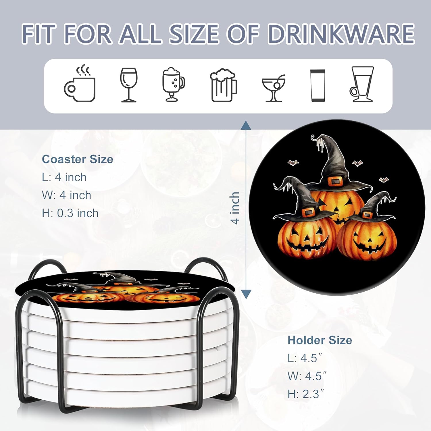 Coaster for Drinks Set of 6, Halloween Skeleton Skull Pumpkin Absorbing Round Ceramic Stone Coaster with Cork Base,Tabletop Protection Mat for Mugs and Cups,Coffee Table Wine Glass Home Bar 4 Inch