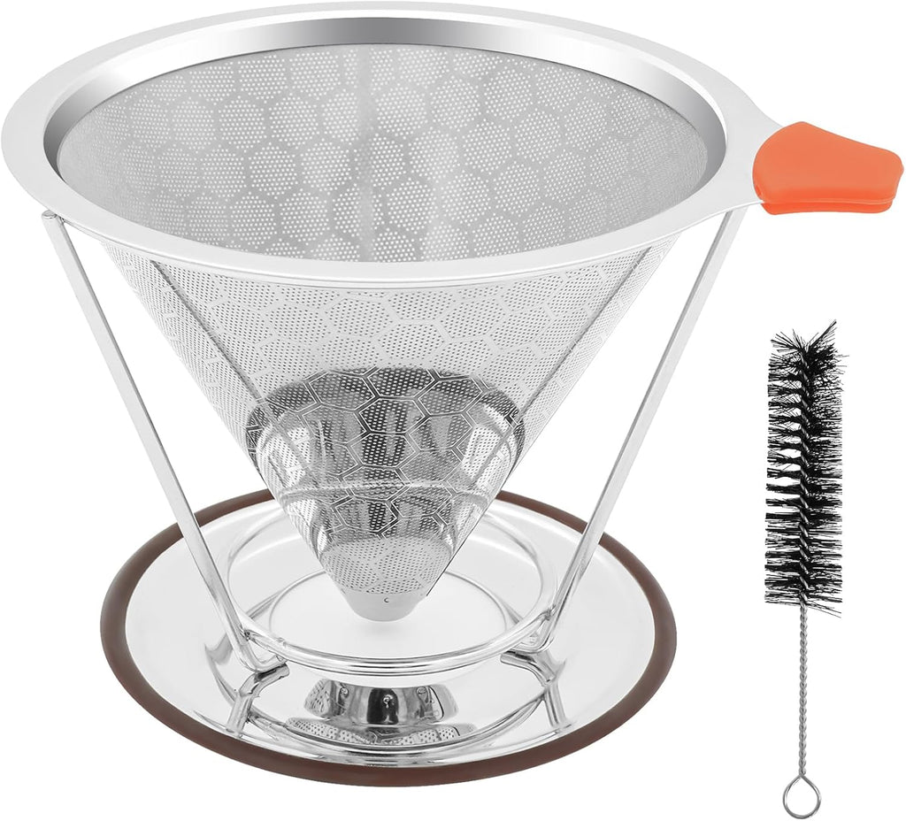 Pour Over Coffee Dripper, Paperless Pour Over Coffee Filter, Reusable Pour Over Coffee Maker Set, Dual-Layer Stainless Steel Cone Filter, Detachable Dripper Stand, Single Cup Brewer 1-4 Cup