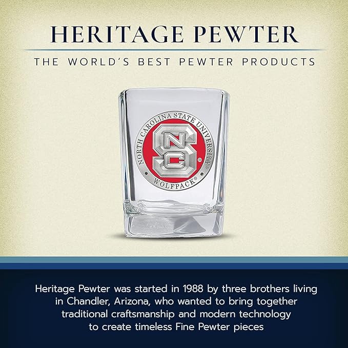 Heritage Pewter North Carolina State Square Shot Glass | Hand-Sculpted 1.5 Ounce Shot Glass | Intricately Crafted Metal Pewter Alma Mater Inlay